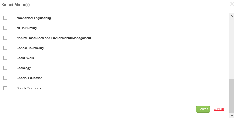 A Select Major(s) window showing a scrollable list of majors, each with a checkbox, including Mechanical Engineering, MS in Nursing, Natural Resources and Environmental Management, School Counseling, Social Work, Sociology, Special Education, and Sports Sciences. Select and Cancel buttons appear at the bottom.