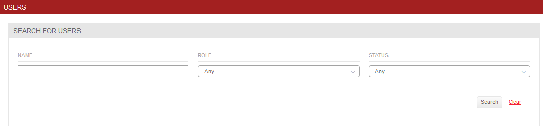 A Users search page showing fields to search for users by name, role, and status, with Search and Clear buttons.