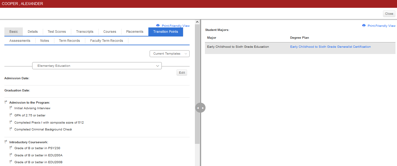 The student profile page showing a split screen layout with the Transition Points tab on the left and student major and degree plan details on the right.