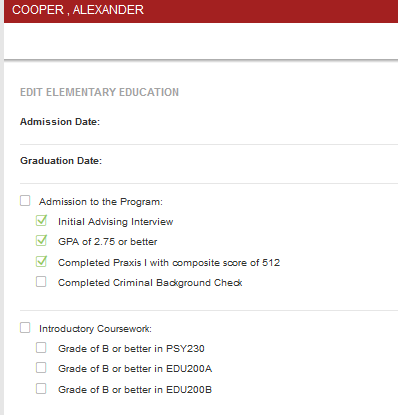 The Edit Elementary Education section showing admission and graduation date fields with checklist requirements for program admission and introductory coursework.