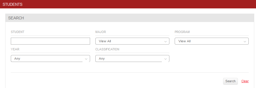 The Students section showing a Search area with fields for student, major, program, year, and classification, and buttons Search and Clear.