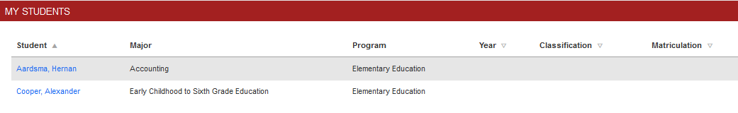 A student list showing names, majors, programs, years, classifications, and matriculation details under a section labeled My Students.