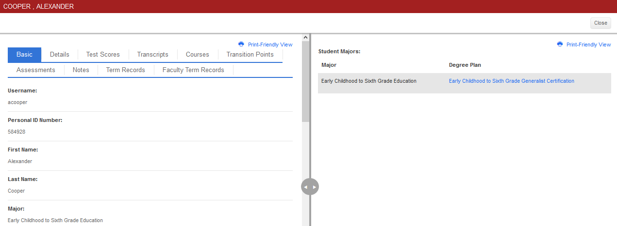 A student profile page showing basic information tabs including details, test scores, transcripts, courses, and transition points, along with student identifiers, name information, major, and displayed student majors with the associated degree plan.