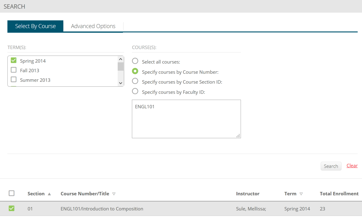 A course search page showing term options, course selection criteria including a specified course number, and a results table listing a course section with its number/title, instructor, term, and total enrollment.