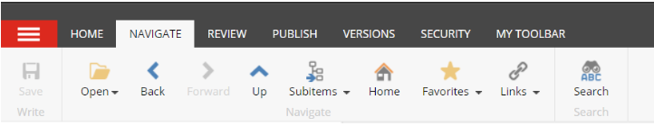 The toolbar section showing tabs for Home, Navigate, Review, Publish, Versions, Security, and My Toolbar, with the Navigate tab active and icons displayed for Open, Back, Forward, Up, Subitems, Home, Favorites, Links, and Search.