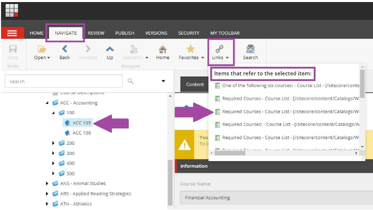 The Navigate tab view showing a folder tree with the ACC 105 item selected. The Links menu is open, displaying a panel titled 'Items that refer to the selected item' with a list of referring course list items.