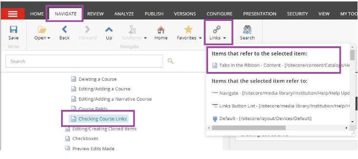 The Navigate tab view showing a folder tree with the Checking Course Links item selected. The Links menu is open, displaying a panel with items that refer to the selected item and a list of items the selected item refers to.