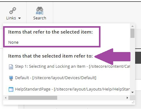 The Links menu opens showing a section titled 'Items that refer to the selected item' displaying none, and a section titled 'Items that the selected item refer to' listing multiple linked items.
