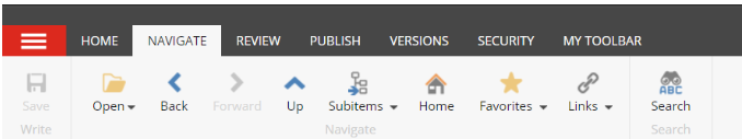 A Navigate tab page showing the top toolbar with navigation options including Open, Back, Forward, Up, Subitems, Home, Favorites, Links, and Search.