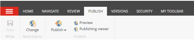 A Publish page showing the top toolbar with options such as Change Restrictions, Publish, Preview, and Publishing viewer under the Publish tab.