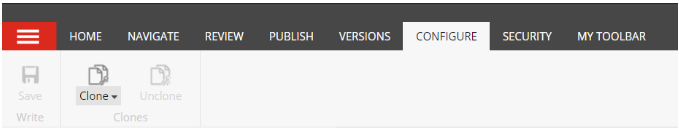 A Configure page showing the top toolbar with the Clone button enabled and the Unclone button disabled under the Configure tab.