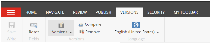 A Versions page showing the top toolbar with options such as Reset Fields, Versions, Compare, Remove, and a Language selector set to English (United States).