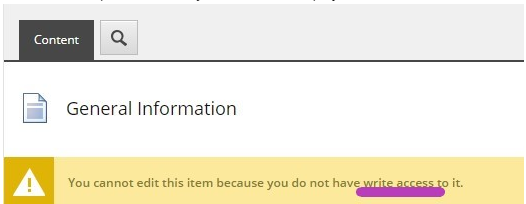 A warning message stating that you cannot edit this item because you do not have write access to it.
