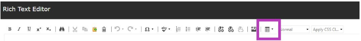 A rich text editor showing formatting tools such as bold, italic, underline, lists, alignment options, and media insertion icons, with a highlighted table‑insert button in the toolbar.