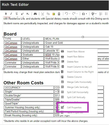 A rich text editor showing a table with formatting icons and a table editing menu open, with a highlighted Cell Properties option among actions such as inserting rows, inserting columns, merging cells, and splitting cells.
