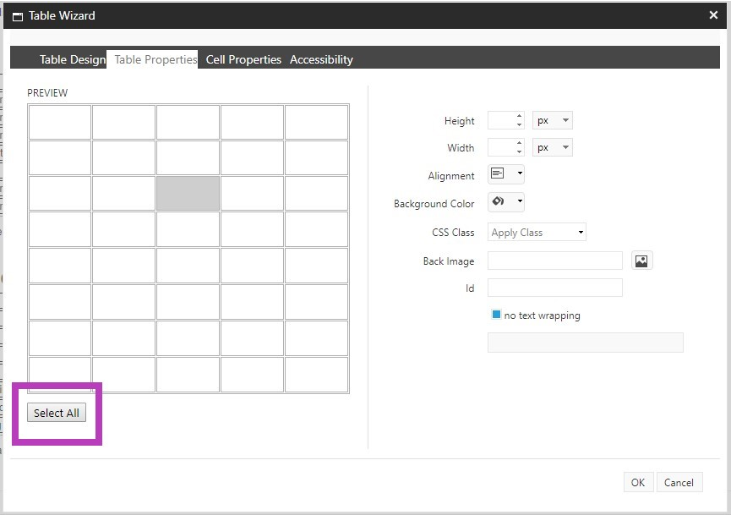 A table wizard window showing a preview grid and cell property settings such as height, width, alignment, background color, CSS class, and text wrapping options, with a highlighted Select All button.