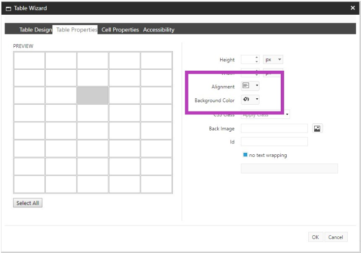 A table wizard window showing a preview grid and cell property options including height, width, alignment, background color, CSS class, back image, and text wrapping, with highlighted alignment and background‑color settings.