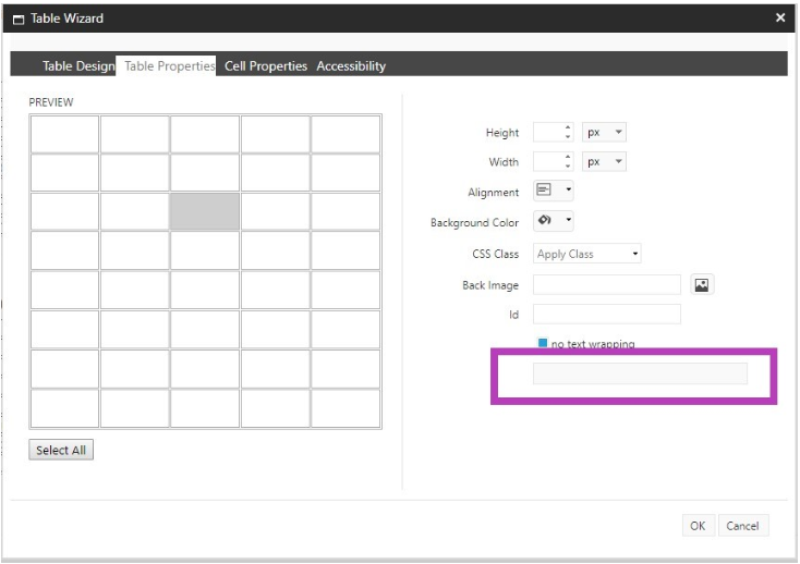 A table wizard window showing a preview grid and cell property options including height, width, alignment, background color, CSS class, back image, and text‑wrapping settings, with a highlighted input field in the cell properties section.
