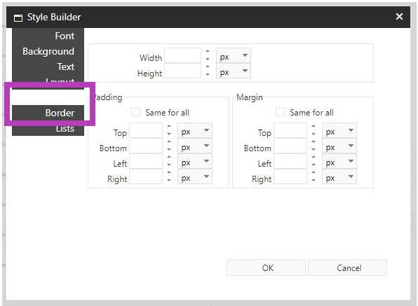 A style builder window showing formatting categories such as font, background, text, layout, border, and lists, with a highlighted border option and settings for width, height, padding, and margin.