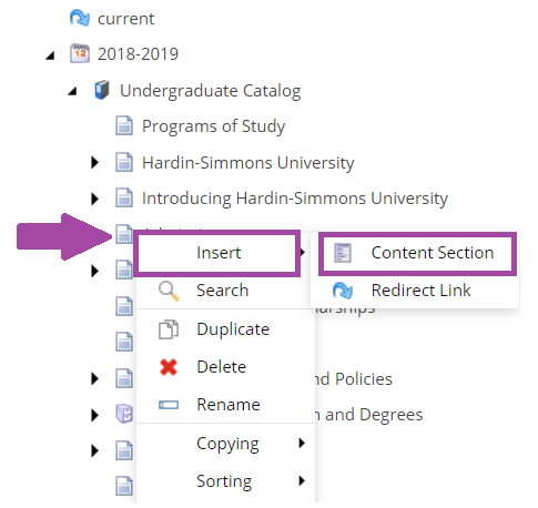 The catalog tree showing Undergraduate Catalog expanded with a context menu open on a selected item, displaying Insert with a submenu pointing to Content Section, along with options for Search, Duplicate, Delete, Rename, Copying, and Sorting.
