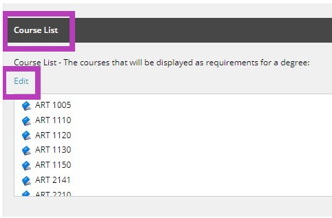 The Course List section highlighted, showing an Edit link above a list of course items.