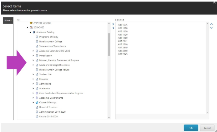 The Select Items modal showing the catalog tree on the left with hierarchy folders and items, including Programs of Study, Student Life, Finances, Admissions, Academics, and Course Offerings, with the catalog tree area highlighted, and the Selected panel on the right listing ART courses, along with OK and Cancel buttons.