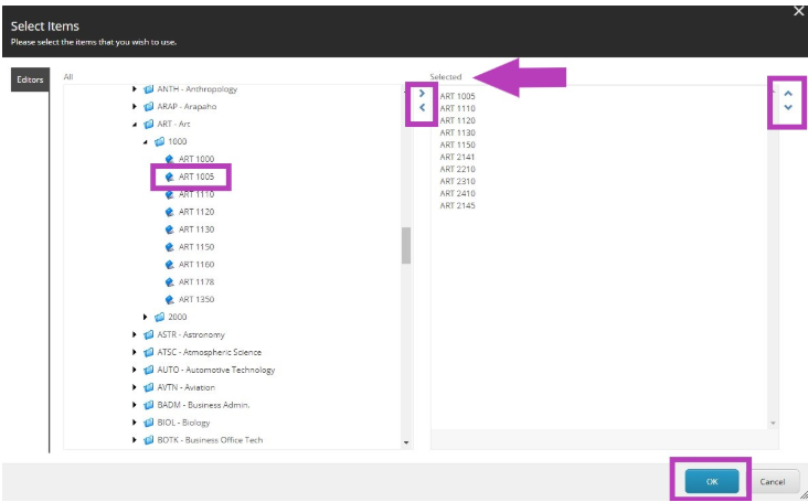 The Select Items modal showing the catalog tree on the left with ART 1005 highlighted, move‑right and move‑left buttons between the panels highlighted, the Selected list on the right showing ART courses with re‑order arrows highlighted, and the OK button highlighted.