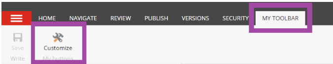 The Toolbar showing My Toolbar tab highlighted, with Customize option highlighted below it.