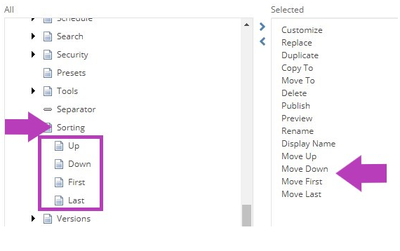 The Customize My Toolbar popup showing Sorting section with Up, Down, First, and Last tools highlighted on the left. Selected tools list on the right showing move Up, move Down, move First, and move Last tools highlighted.