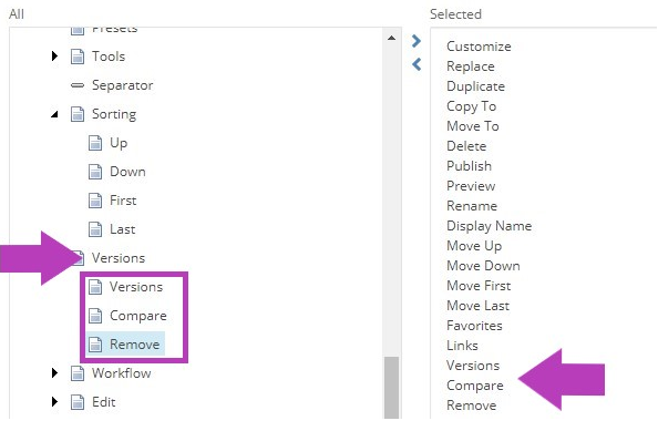 The Customize My Toolbar popup showing Versions section with Versions, Compare, and Remove tools highlighted on the left. Selected tools list on the right showing Versions, Compare, and Remove highlighted.