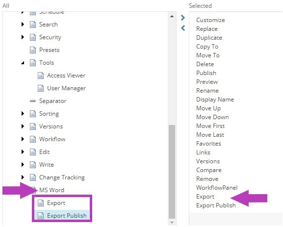 The Customize My Toolbar popup showing MS Word section with Export and Export Publish tools highlighted on the left. Selected tools list on the right showing Export and Export Publish highlighted.