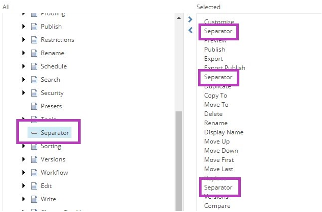 The Customize My Toolbar popup showing Tools section with Separator tool highlighted on the left. Selected tools list on the right showing multiple Separator entries highlighted.