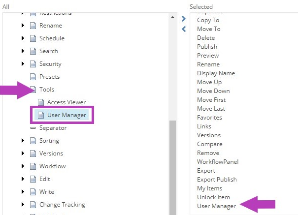 The Customize My Toolbar popup showing Tools section with User Manager tool highlighted on the left. Selected tools list on the right showing User Manager highlighted.