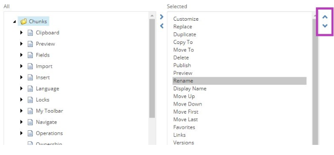 The Customize My Toolbar popup showing selected tools list on the right with a tool highlighted. Up and down arrow buttons highlighted for reordering the selected tools.