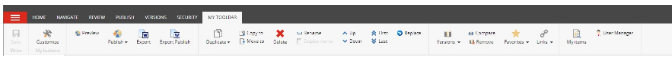 The My Toolbar tab showing a customized toolbar displaying tools including Customize, Preview, Publish, Export, Export Publish, Duplicate, Delete, Move Up, Move Down, Move First, Move Last, Favorites, Links, Versions, Compare, Remove, WorkflowPanel, My Items, Unlock Item, and User Manager.