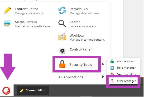 A Security Tools menu showing highlighted options for Security Tools and User Manager, along with a set of application icons such as Content Editor, Media Library, Recycle Bin, Search, and Workbox.