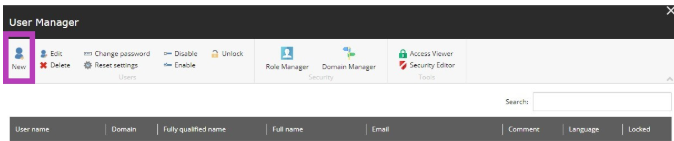 A User Manager screen showing a toolbar with options to create a new user, edit, delete, change password, reset settings, disable, enable, and unlock accounts with new user highlighted, along with additional tools including Role Manager, Domain Manager, Access Viewer, and Security Editor. A table is displayed below with columns for user name, domain, fully qualified name, full name, email, comment, language, and locked status.