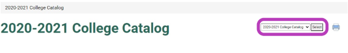 The 2020–2021 College Catalog page with the catalog selector dropdown highlighted.