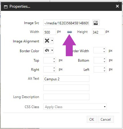 A Properties page showing image settings with the Width and Height fields displayed, and the broken link icon between them highlighted.