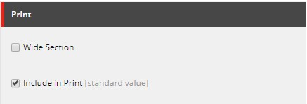 A Print page showing two options, with the Wide Section checkbox unchecked and the Include in Print checkbox checked and marked as the standard value.