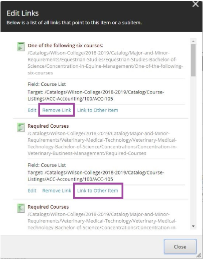An Edit Links page showing a scrollable list of links that point to the selected item, with options beneath each link such as Edit, Remove Link, and Link to Other Item, with Remove Link, and Link to Other Item highlighted.