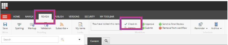 A Review tab page showing the top toolbar with the Review tab and the Check In button highlighted.