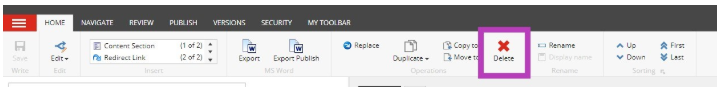 A Home tab page showing the top toolbar with various editing and operations options, with the Delete button highlighted in the toolbar.