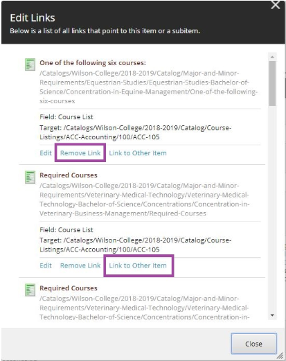 An Edit Links page showing a scrollable list of links that point to the selected item, with options beneath each link such as Edit, Remove Link, and Link to Other Item, with Remove Link, and Link to Other Item highlighted.