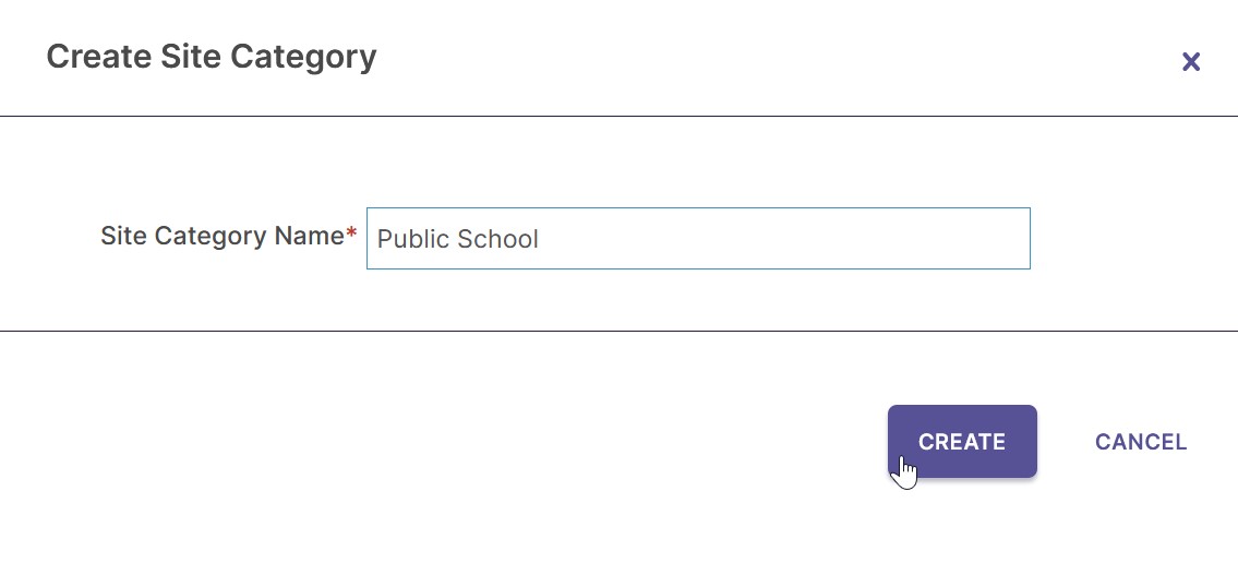 The Create Site Category modal showing a Site Category Name field filled with Public School and the buttons Create and Cancel at the bottom.