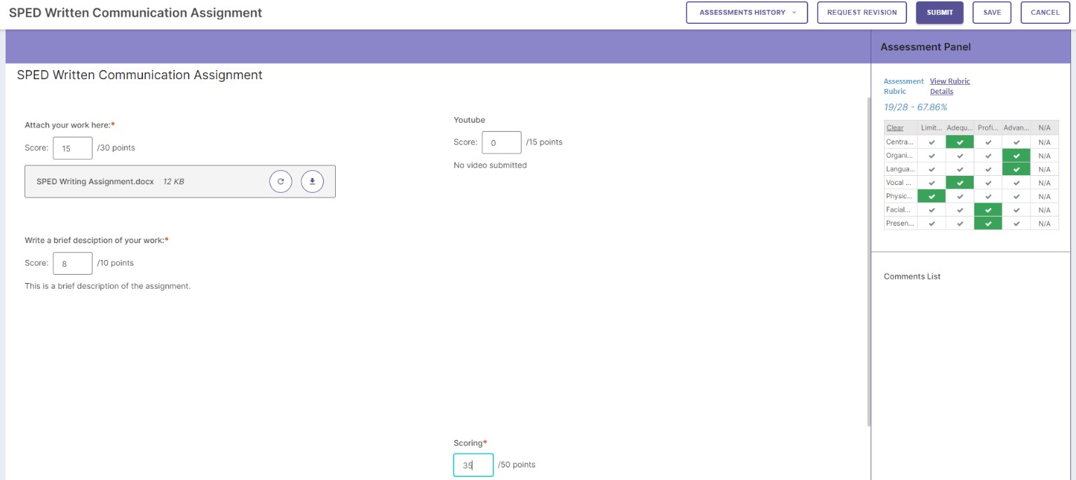 An assignment scoring page showing an attached file, points entered for the attachment and written description, an empty YouTube submission section, and a scoring field for overall points, along with an assessment panel displaying rubric criteria with selected performance levels and options to view the rubric, submit, request revision, save, or cancel.