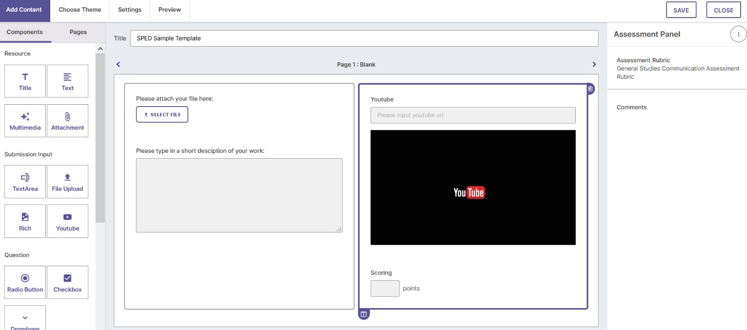 A content builder page showing a template with fields to attach a file, enter a description, and add a YouTube link with a video preview, along with scoring input and an assessment panel displaying the selected assessment rubric and a comments area.