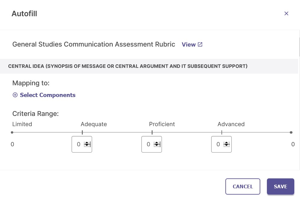 An autofill settings window showing a selected assessment rubric, a component mapping option, and a criteria range section with adjustable values for limited, adequate, proficient, and advanced levels, along with options to cancel or save.