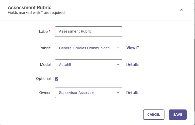 An assessment rubric settings window showing fields to enter the label, select a rubric, choose the model type, mark the rubric as optional, and select the owner, along with options to cancel or save.