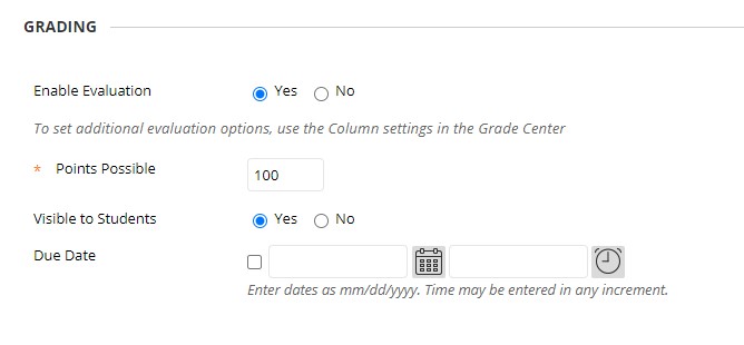 The Blackboard 'Create Assignment' page with fields for Name, Enable Evaluation, and Points Possible.